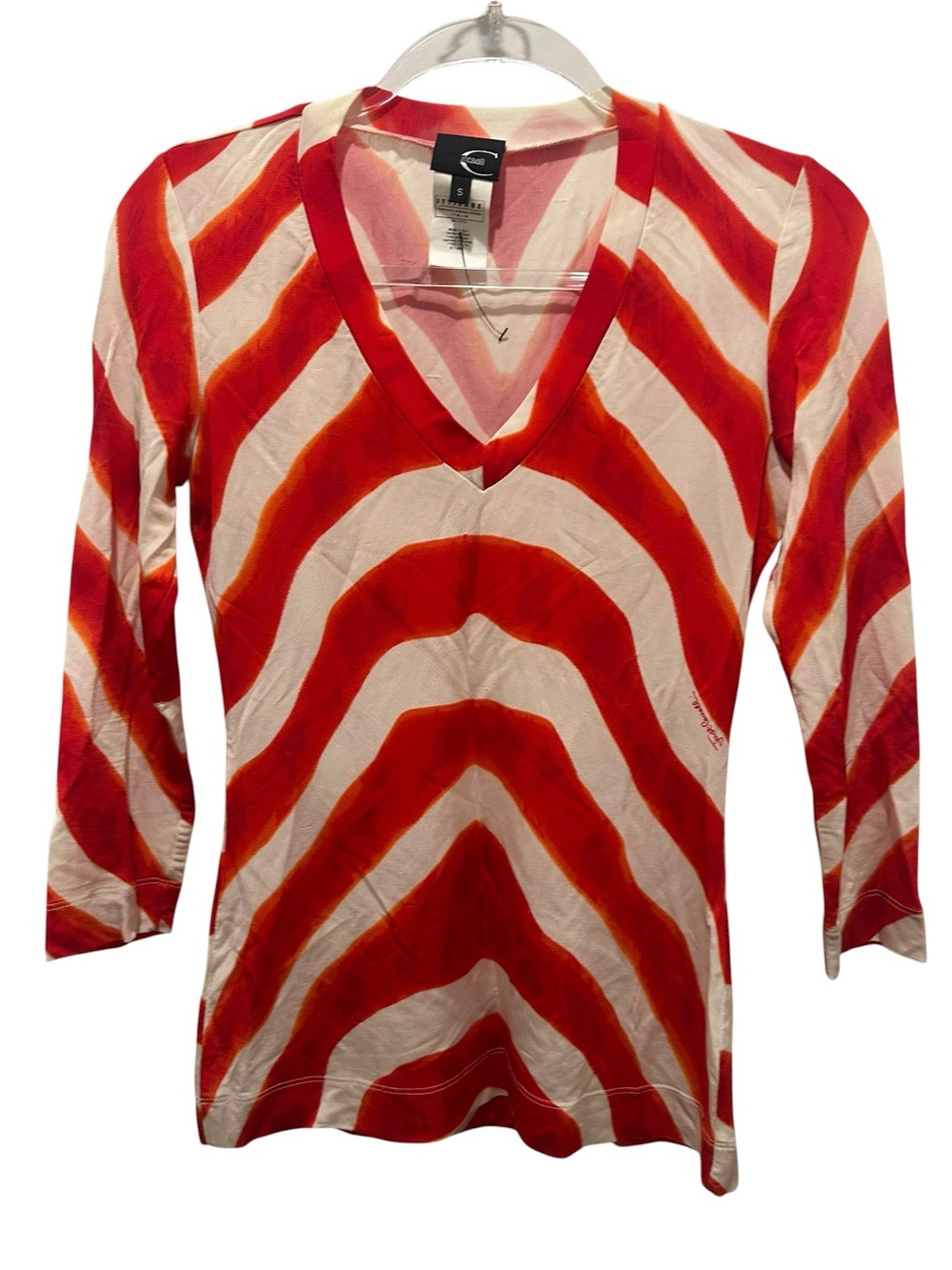 Just Cavalli Red & White Chevron V-Neck Long Sleeve Top